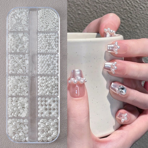 Elegant Round White Pearl Nail Beads and Charms Set for Stunning Nail Art Decoration - 12 Grids of Caviar Beads and Half Round Gems for Fall Season Nails and DIY Nail Designs